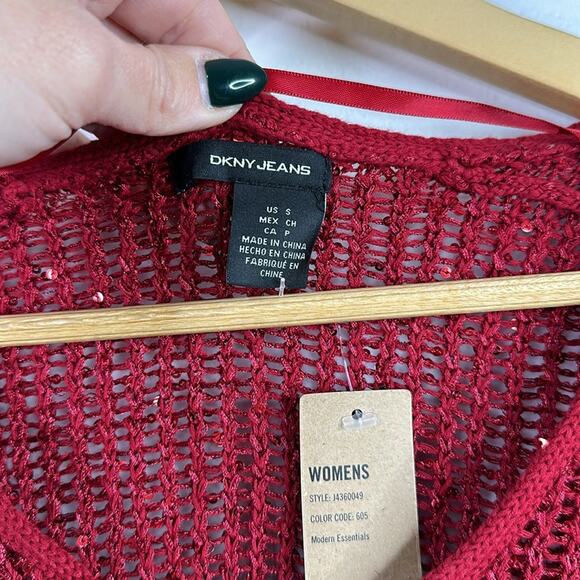 DKNY Ruby Red Sequin Knit Pullover V Neck Sweater Sweatshirt Top Size Small - Picture 7 of 10